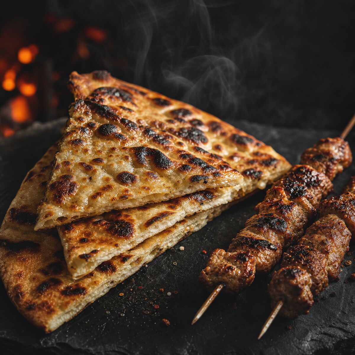 Charcoal grilled bread with skewers