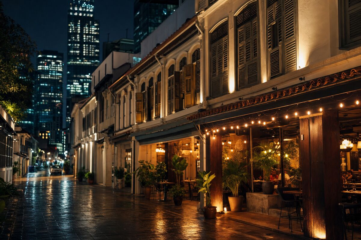 Shophouse street at night in Singapore's CBD