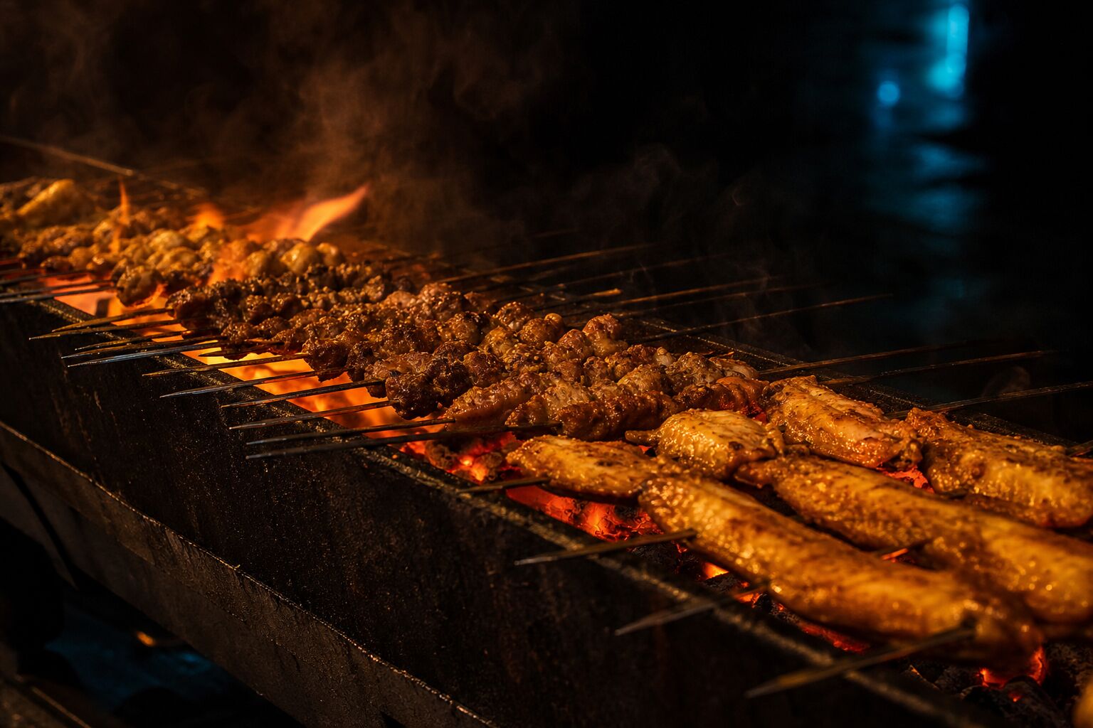 Charcoal skewers over open fire at Chuan Bar 2088