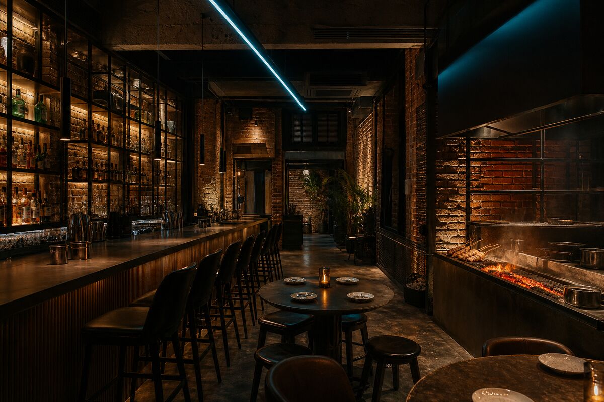 Dark interior of Chuan Bar 2088 with charcoal grill station