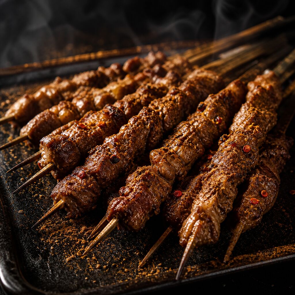 Cumin lamb skewers on a black tray
